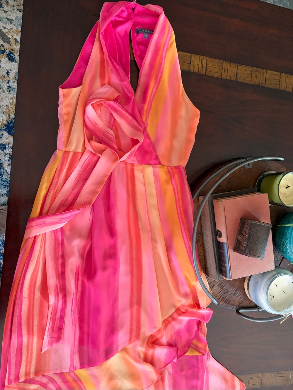 Excellent condition. Pink, Coral & Yellow Striped Halter Midi Dress